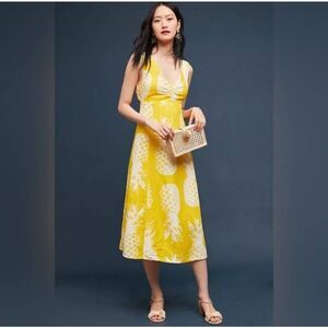 Anthropologie Maeve Yellow White Pineapple‎ Midi Dress Sz 6 Rayon Linen Vacation